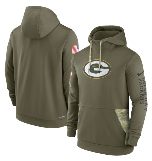 Men's Green Bay Packers 2022 Olive Salute to Service Therma Performance Pullover Hoodie Men's Green Bay Packers 2022 Olive Salute to Service Therma Performance Pullover Hoodie